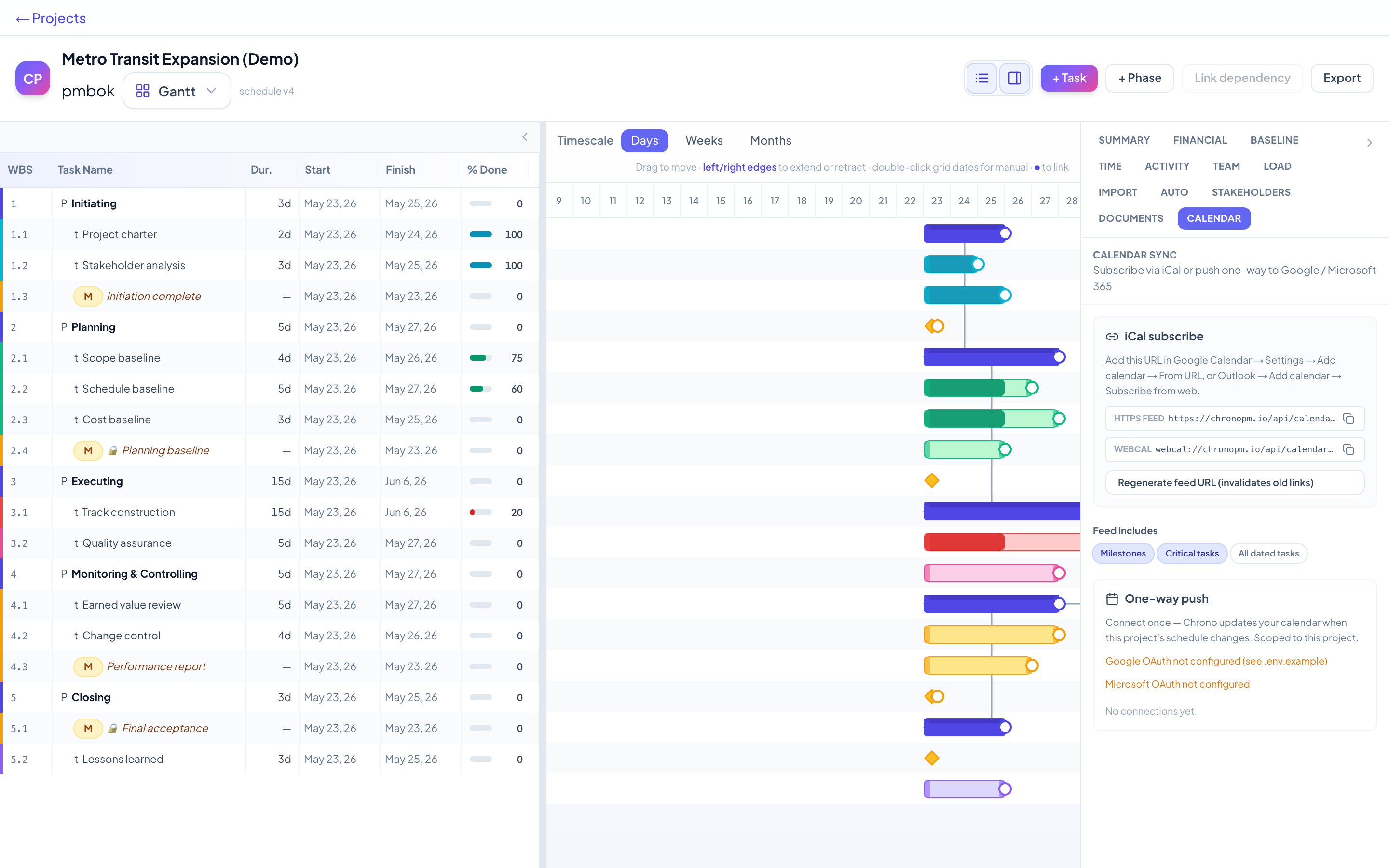Chrono PM calendar sync with iCal and OAuth connections